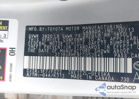 2014 Toyota Corolla S Plus from USA, damaged, VIN 2T1BURHE9EC052645